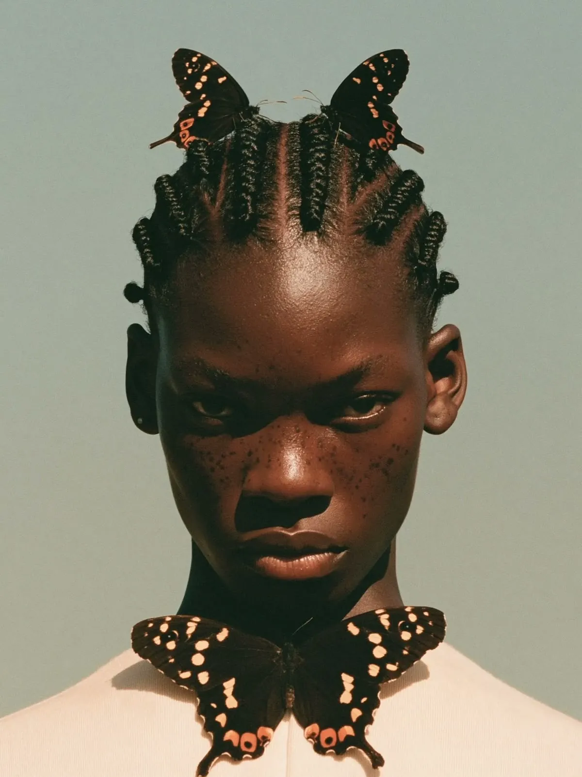 Portrait d'un jeune homme aux tresses orné de papillons, fond vert d'eau